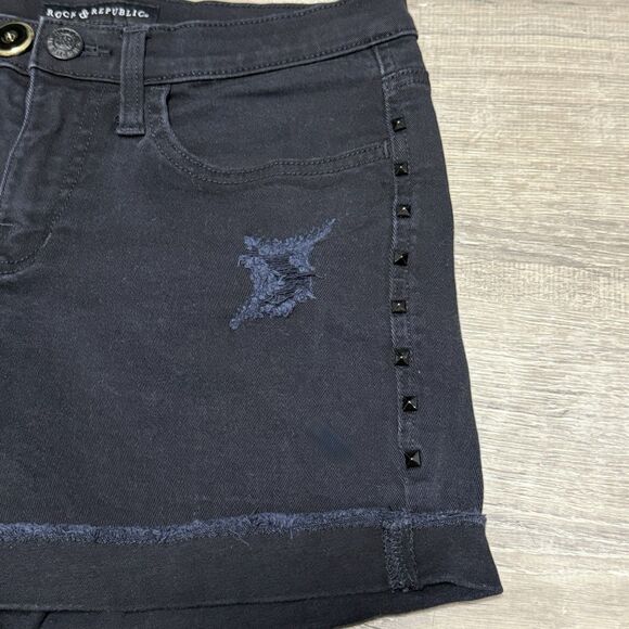 Rock & Republic Jean Shorts 6 Black Distressed Studded Festival Goth Grunge - Picture 3 of 9
